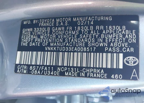 2014 Toyota Yaris L (Tmmf Plant) из США, поврежденный, VIN VNKKTUD33EA008517